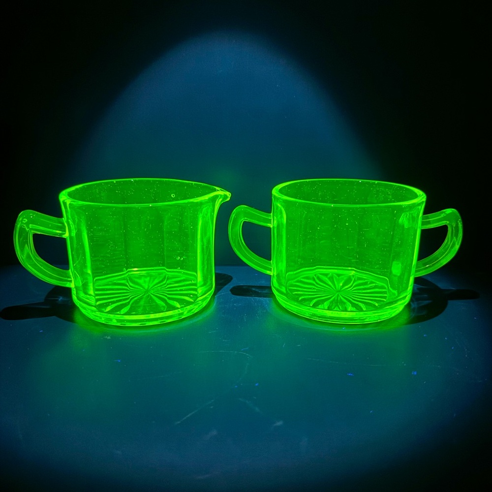 Antique Uranium Glass Stackable Sugar and Creamer
